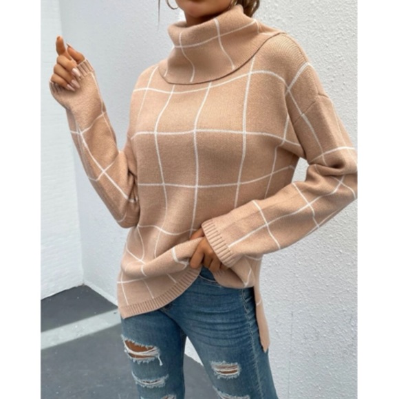 Boho Cozy Stripes Turtleneck Knit Sweater Top Apricot - Picture 2 of 6